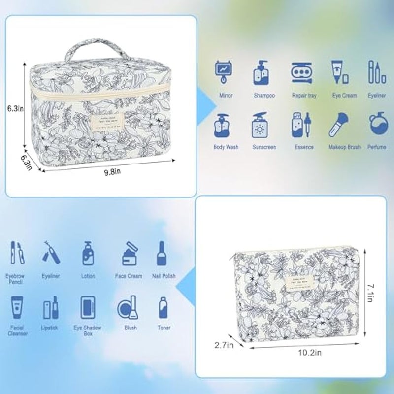 2Pcs Cotton Quilted Makeup Bag for Women Girls Floral Travel Large Small Cosmetic Bag Set Cute Vintage Flower Makeup Pouch Portable Toiletry Bag Organizer Coquette Aesthetic Makeup Brush Bag - Image 3